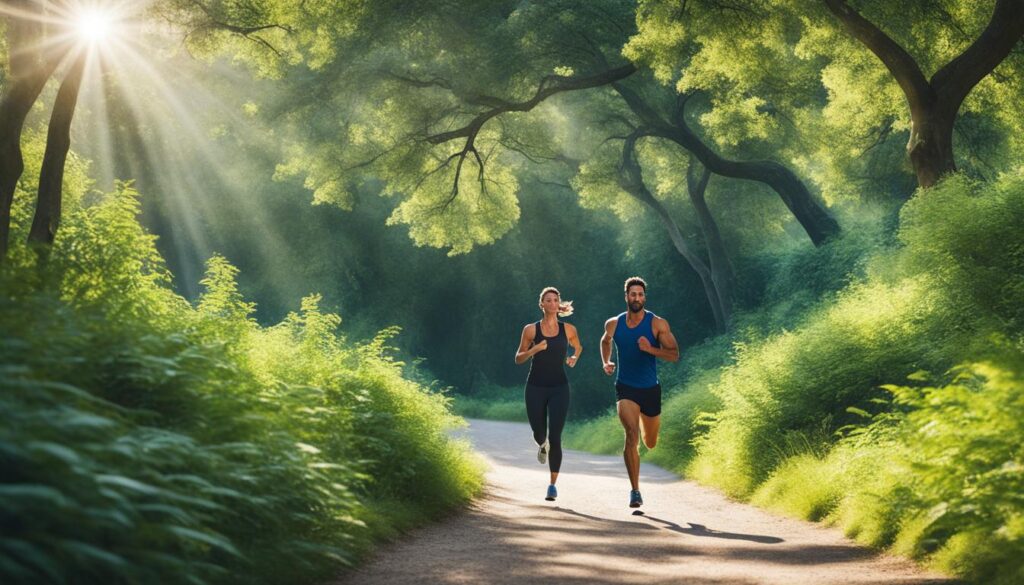 Create an image of a person running through a scenic outdoor path surrounded by trees and greenery. The person should be depicted with a fit and healthy physique, showing visible signs of improved physical health. The sun should be shining overhead, adding to the positive energy of the scene.