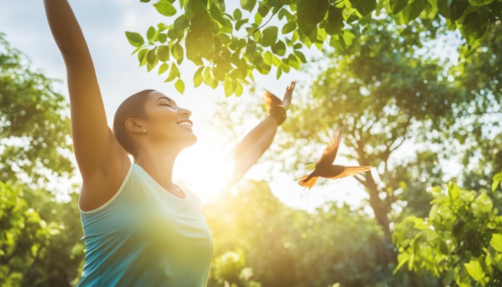 A person engaged in outdoor physical activity surrounded by lush greenery and fresh air. The sun is shining, and they appear to be experiencing a sense of contentment and relaxation. In the background, a few birds are flying in the sky.