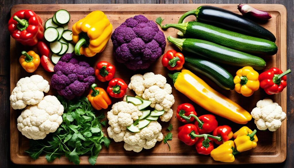 A spread of colorful vegetables, including zucchini, bell peppers, and cauliflower, arranged in a beautiful and appetizing way.