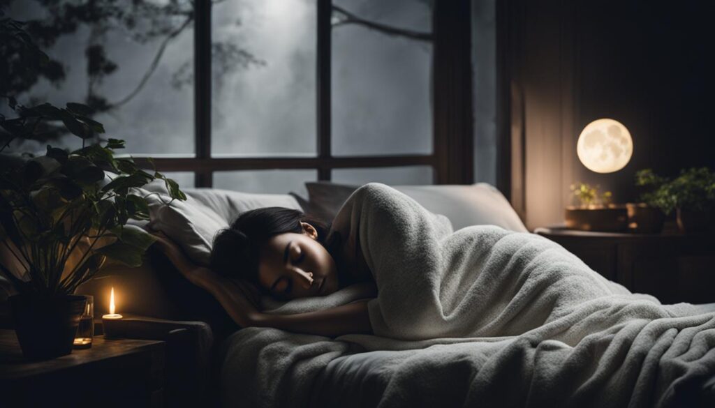 A person sleeping peacefully on a comfortable bed with a soft blanket and pillow. The room around them is dark and quiet, with only a small amount of moonlight shining in through the window. The person's face is relaxed and calm, with no signs of stress or worry. Perhaps there are some plants or nature elements around the room to evoke a sense of tranquility.