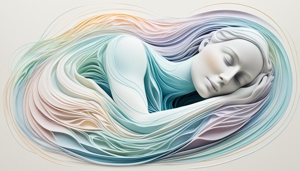 An abstract representation of a body rejuvenating during sleep, with soft pastel hues and swirling lines.